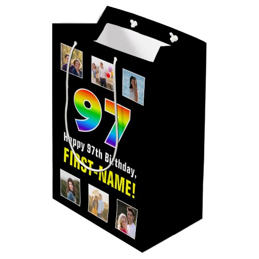97th Verjaardag: Regenboog "97", aangepaste foto's Medium Cadeauzakje (Achterkant Gekanteld)