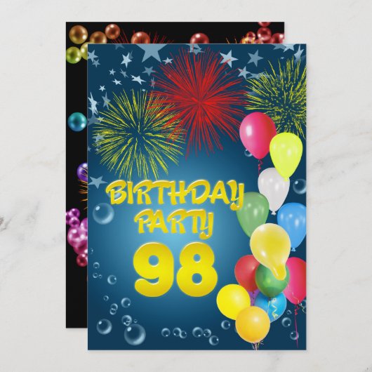 98e fête d'anniversaire Invitation avec ballons (Devant / Derrière)