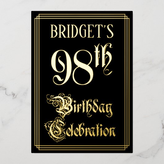 98e verjaardag — Fancy script en aangepaste naam Folie Uitnodiging (Voorkant)