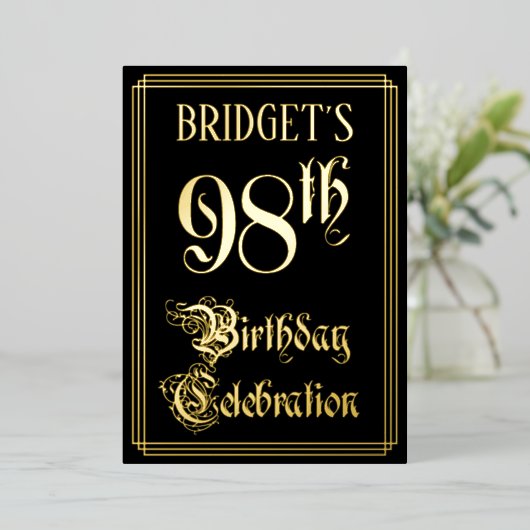 98e verjaardag — Fancy script en aangepaste naam Folie Uitnodiging (Staand Voorkant)