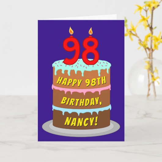 98e verjaardag: Fun Cake and Candles + Custom Name Kaart (Gele Bloem)