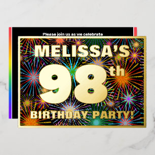 98e verjaardag — Fun, kleurrijke Fireworks-look Folie Uitnodiging