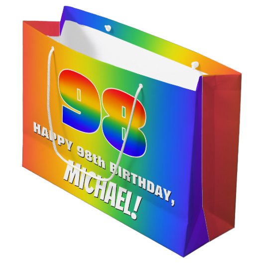 98e verjaardag: kleurrijk, vun regenboogpatroon #  groot cadeauzakje (Voorkant Gekanteld)