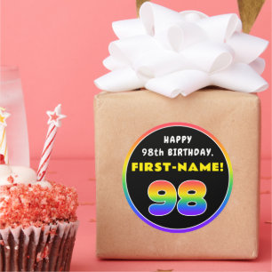 98e verjaardag: kleurrijke regenboog # 98, aangepa ronde sticker