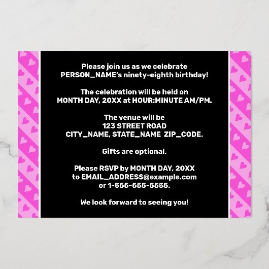 98e verjaardag van de Vogelroze harten en strips Folie Uitnodiging (Achterkant)