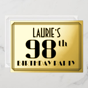 98ste verjaardag: Art Deco Kijk "98" en naam Folie Uitnodiging