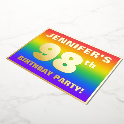 98ste verjaardag: Fun, kleurrijk regenboogpatroon Folie Uitnodiging (Gedraaid)