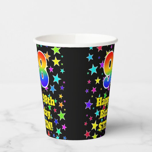 98ste verjaardag: Fun Stars Pattern en Rainbow 98 Papieren Bekers (Links)