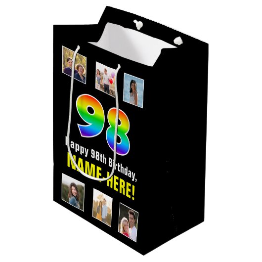 98ste verjaardag: Regenboog "98", Aangepaste foto' Medium Cadeauzakje (Voorkant Gekanteld)