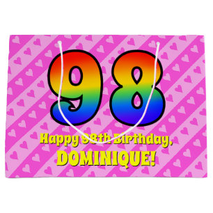 98ste verjaardag: roze strepen & harten, regenboog groot cadeauzakje