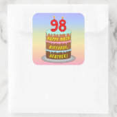 98th Birthday: Fun Cake and Candles + Custom Name Vierkante Sticker (Tas)
