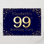 99e anniversaire Foil Invitation<br><div class="desc">99e anniversaire invitation de fête. Personnalisez avec le nom de la personne d'honneur. Le numéro 99 en gros style scintillant. Encadré de points dorés en chute. Placé sur un bleu foncé très saturé. Entrez les détails de la fête au verso de l'invitation en utilisant les modèles, également envoyé sur bleu...</div>