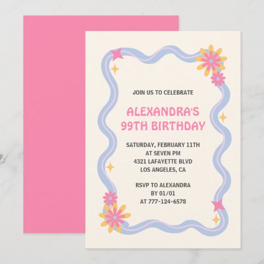 99e anniversaire invitation Retro Super rose (Devant / Derrière)
