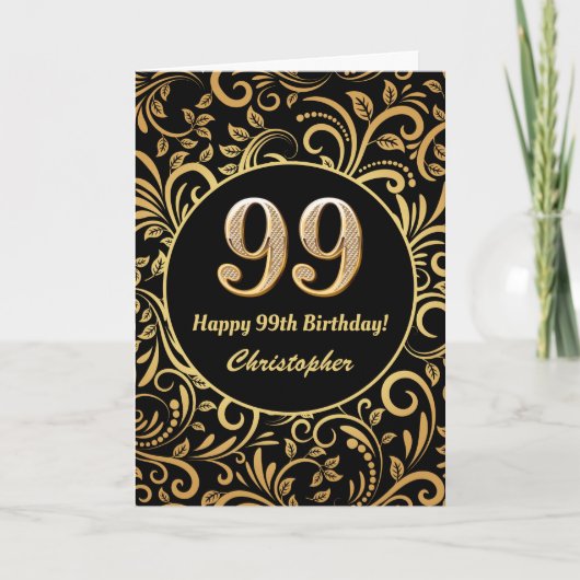 99e Birthday Black en Gold Floral Pattern Kaart (Voorkant)