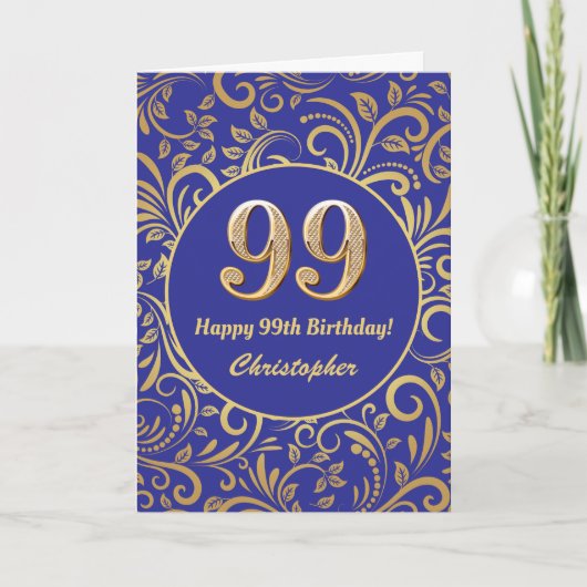 99e Birthday Navy Blue en Gold Floral Pattern Kaart (Voorkant)