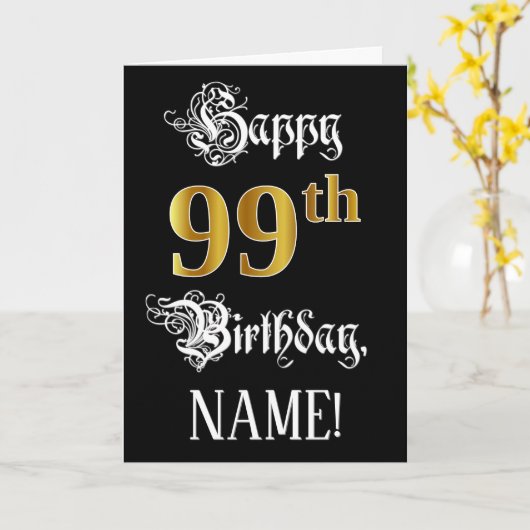 99e verjaardag — Fancy script; Faux Gold Kijk; naa Kaart (Gele Bloem)