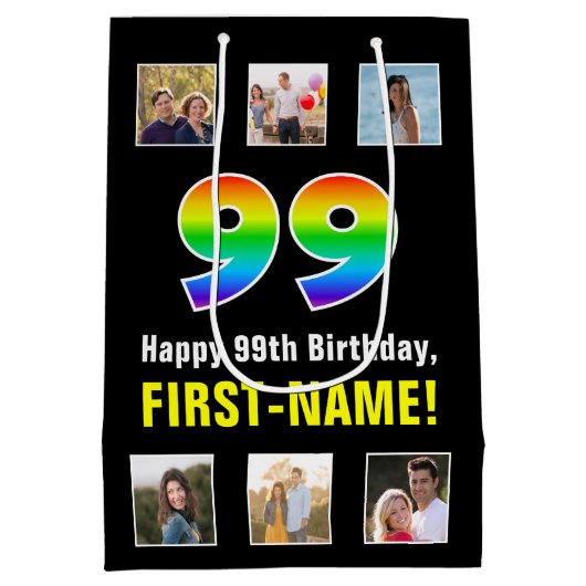 99e verjaardag: Regenboog "99", aangepaste foto's  Medium Cadeauzakje (Achterkant)