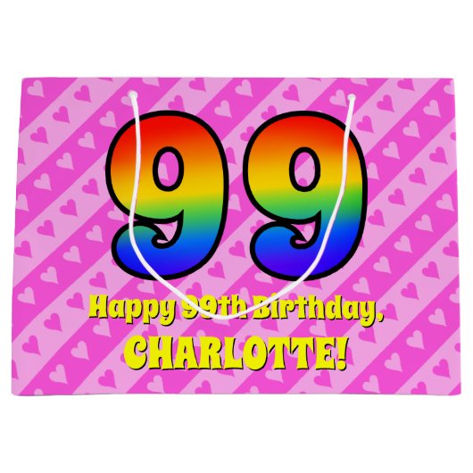 99e verjaardag: Roze strips & harten, regenboognr. Groot Cadeauzakje (Voorkant)