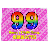 99e verjaardag: Roze strips & harten, regenboognr. Groot Cadeauzakje (Achterkant)