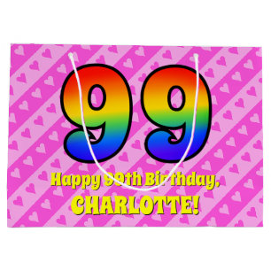 99e verjaardag: Roze strips & harten, regenboognr. Groot Cadeauzakje