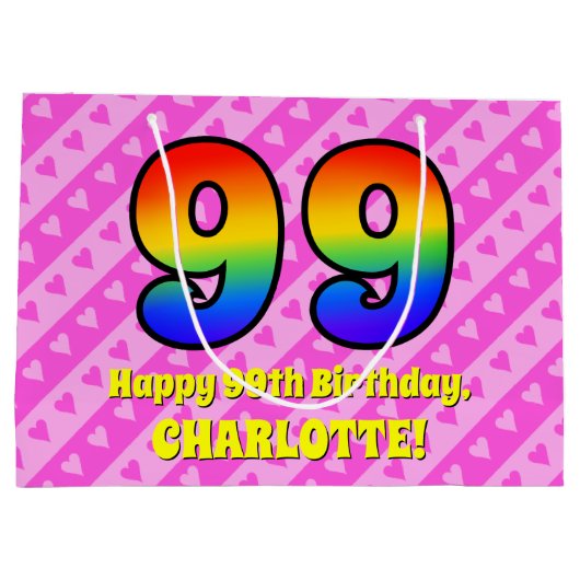 99e verjaardag: Roze strips & harten, regenboognr. Groot Cadeauzakje (Achterkant)