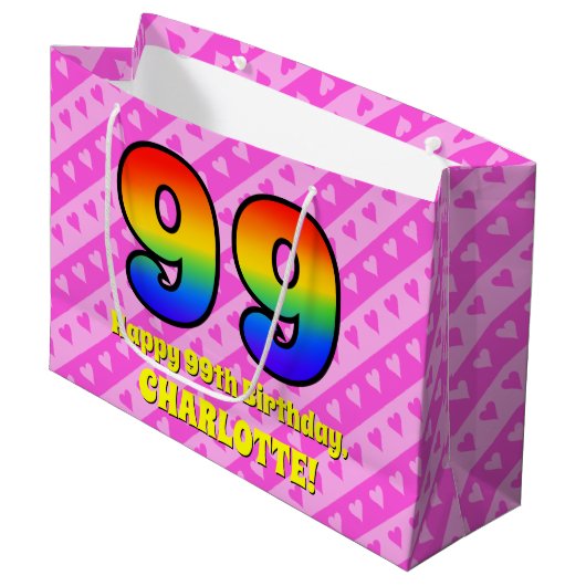 99e verjaardag: Roze strips & harten, regenboognr. Groot Cadeauzakje (Voorkant Gekanteld)