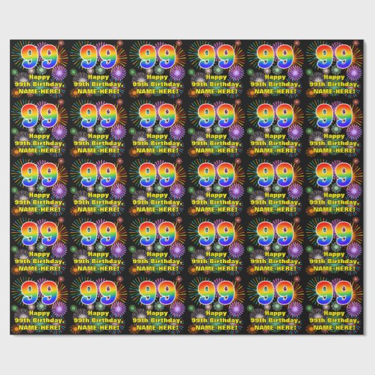 99e verjaardag: vuurwerk, regenboogblik # "99" cadeaupapier (Vlak)
