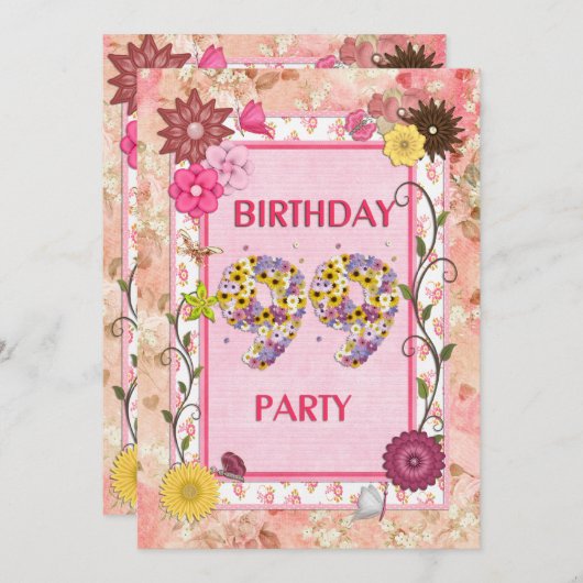 99e verjaardagsfeestje met bloemenfeest lijst kaart (Voorkant / Achterkant)