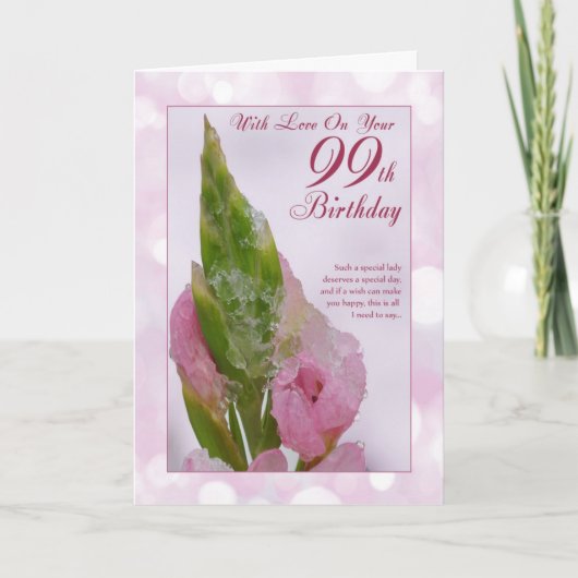 99ème Anniversaire Carte Avec Fleur Rose Et Glace (Devant)
