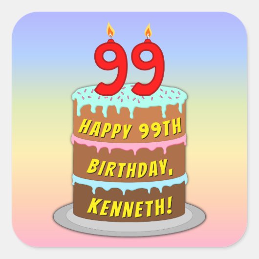 99th Birthday: Fun Cake and Candles + Custom Name Vierkante Sticker (Voorkant)
