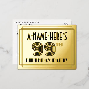 99th Birthday Party ~ Art Deco Style "99" + naam Folie Uitnodiging Briefkaart