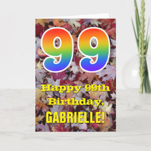 99th Birthday; Rustic Autumn Leaves; Rainbow "99" Kaart