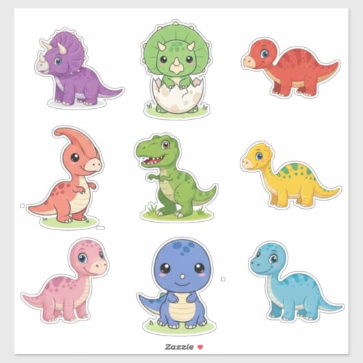 9 Cute Colorful Dinosaur Kids Vinyl Sticker Sheet (Feuille)