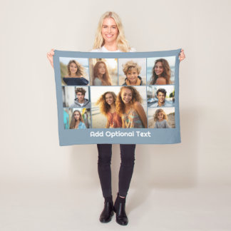 9 Foto Collage Optionele tekst -- Blauw Wit Fleece Deken