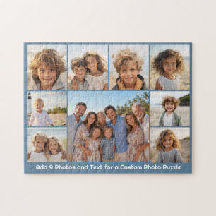 9 Foto Collage Optionele tekst -- Blauw Wit Legpuzzel
