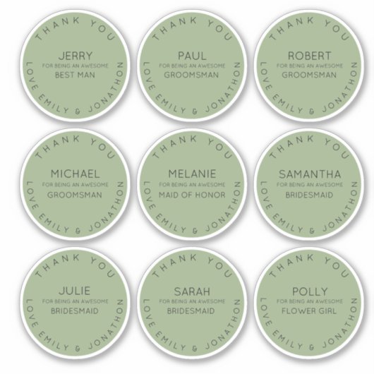 9 Individuele naam Bedankt Bridal Party Sage Sticker (Voorkant)