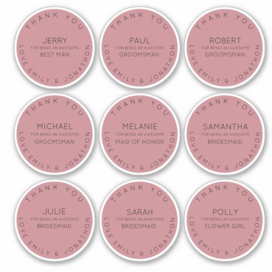 9 Individuele Naam Bedankt Bruidsfeest Roze Roos Sticker (Voorkant)