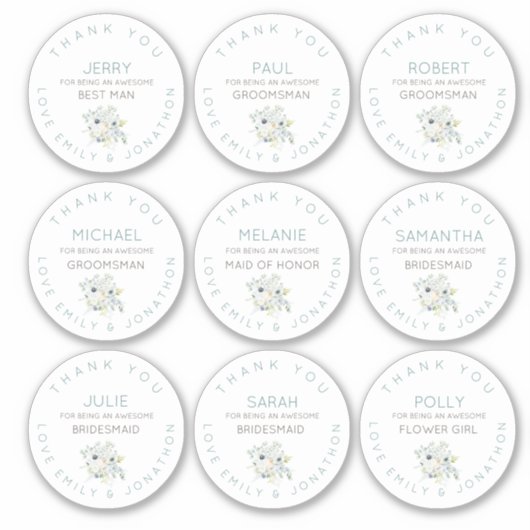 9 Individuele naam Dank u bruids bloemen klein Sticker (Voorkant)