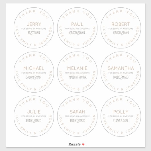 9 individuele namen dank u bruids partij groot sticker (Vel)