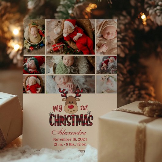 9 Photo Plaid Reindeer Baby First Christmas Feestdagenkaart