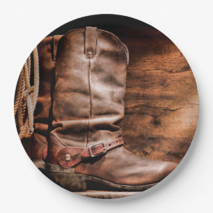 9" Rond Papier Bord Cowboy Boots Schuur Hout Rusti