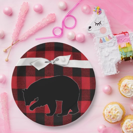 9" Rond Papier Bord Rood Buffel Plaid Beer Zwart (Feest)