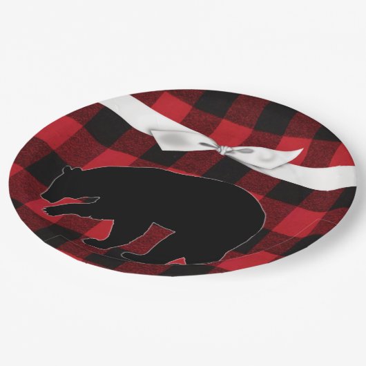 9" Rond Papier Bord Rood Buffel Plaid Beer Zwart (Gekanteld)