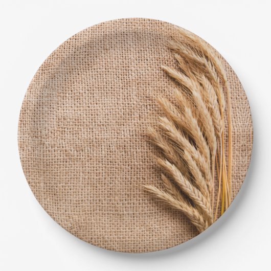 9" Rond Papier Bord Tarwe op Burlap Sack Land (Voorkant)