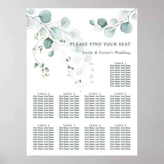 9 Tabel Elegant Green Foliage Sey Chart Poster (Voorkant)