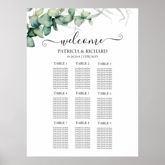9 Tabellen Rustic Greenery Wedding Seating Chart Poster (Voorkant)