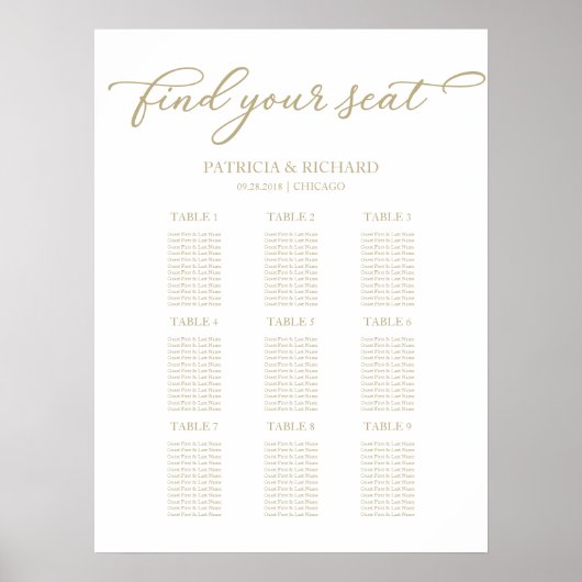 9 Tableaux Mariage Tableau Siège Chic Gold Script (Devant)