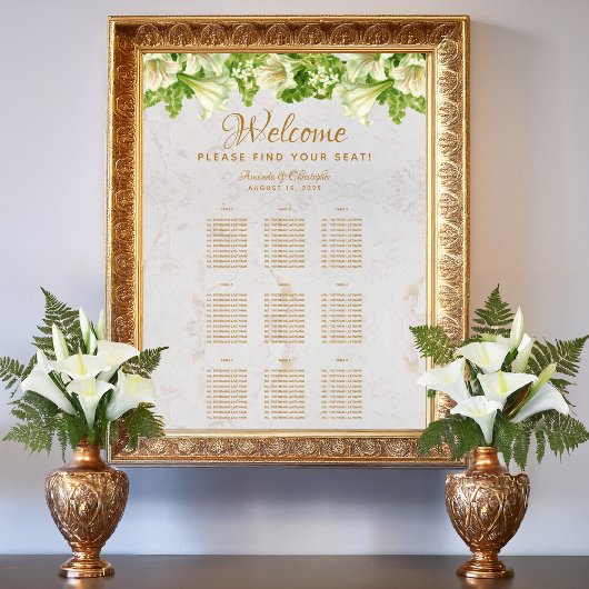 9 Tables Wedding Seating Chart Marble White Lilies Poster