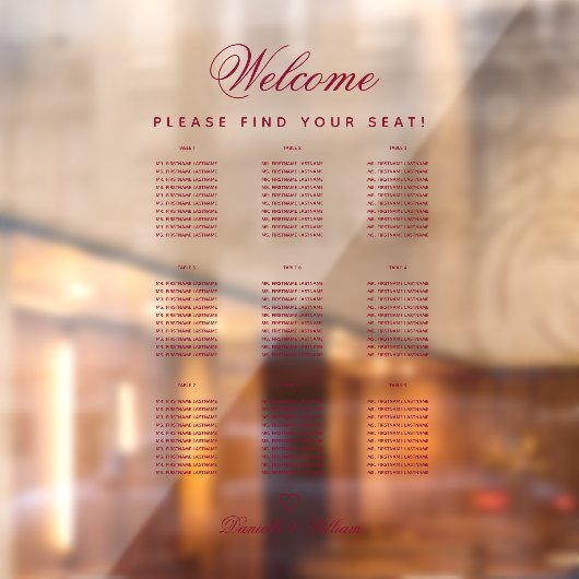 9 Tafel Transparant Burgundy Trouw zitplaatskaart Raamsticker (Vel 2)