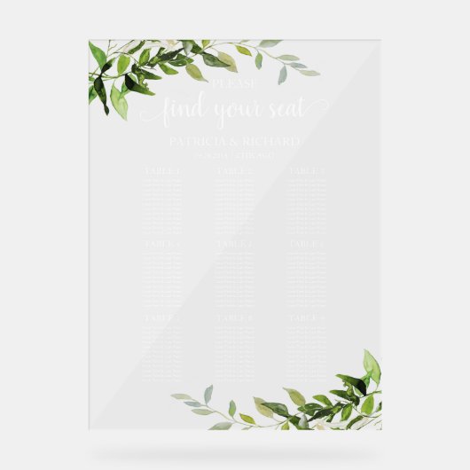 9 Tafels Groen Bruiloft Zitschema Acryl Bord (Voorkant)